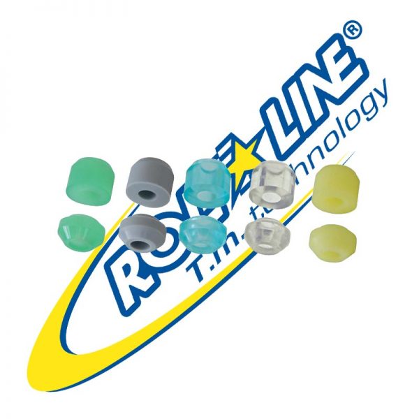 Pequenas tampas de plástico coloridas sobre fundo branco com logótipo ROX LINE