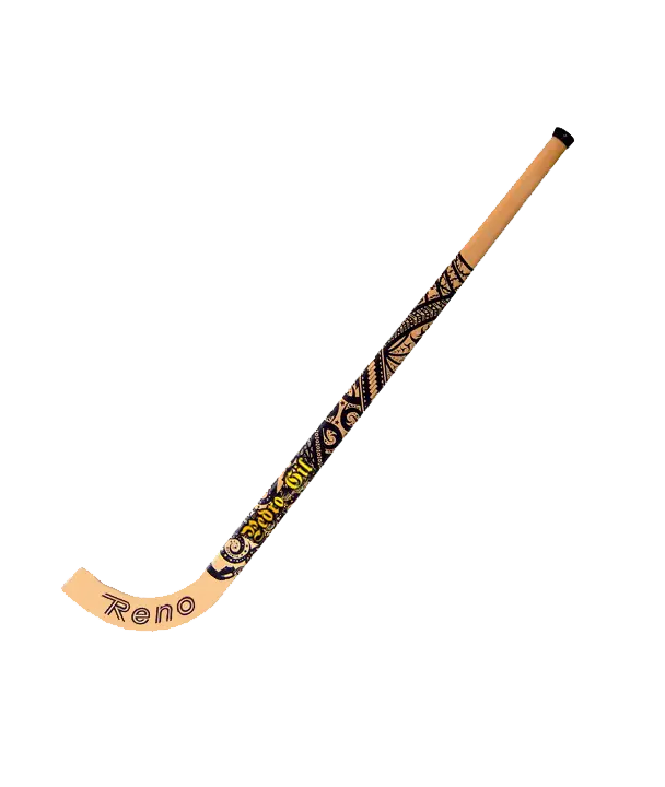 Stick de hóquei em madeira clara com padrão tribal preta e amarelo e texto Reno e C.CORE 101