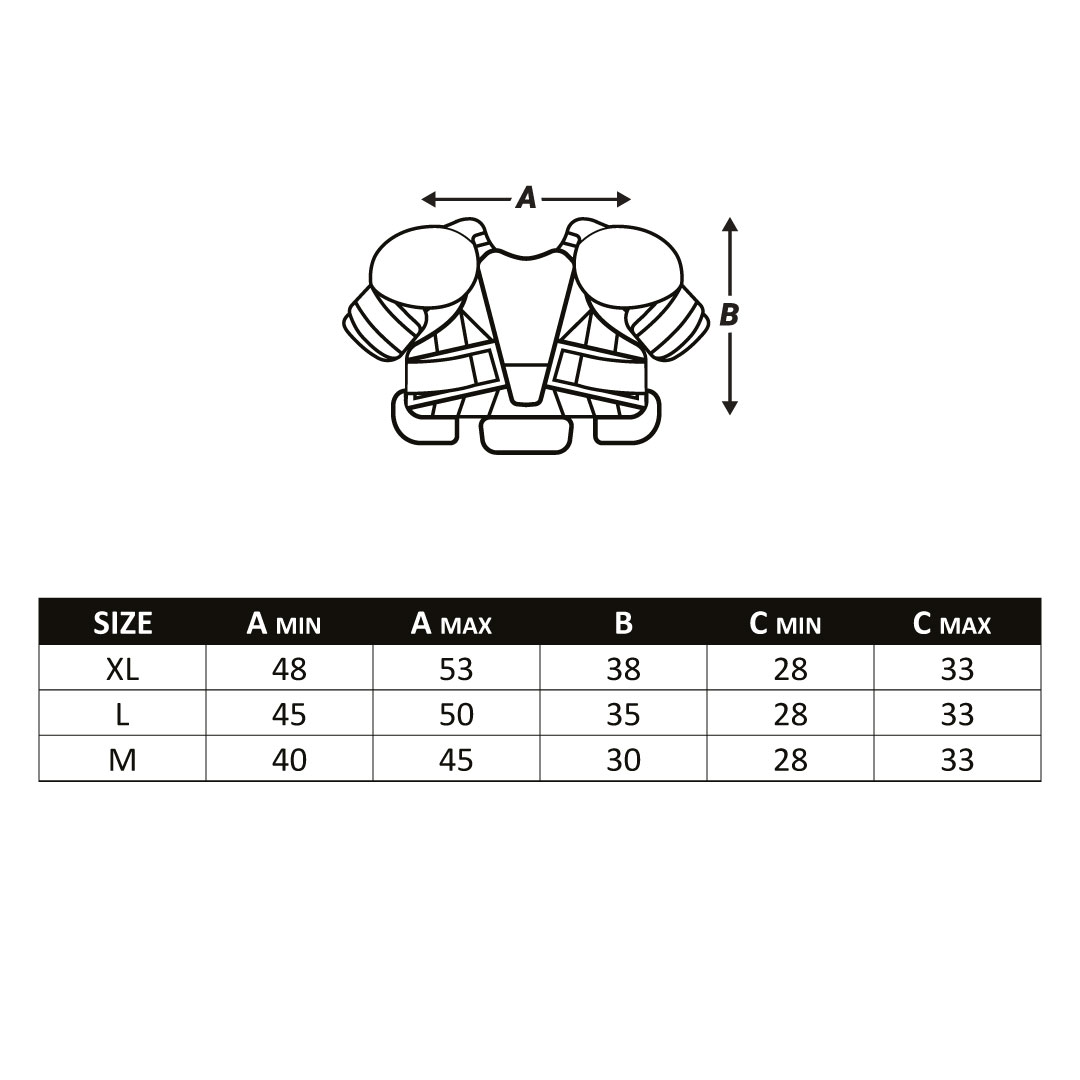 Desenho técnico de colete com tabela de tamanhos