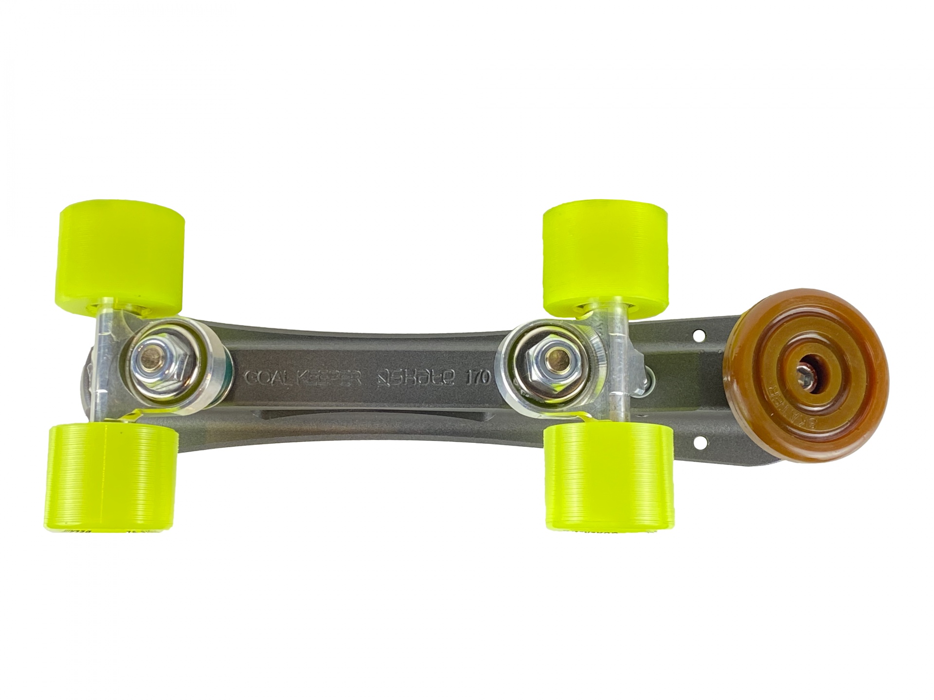 Carrinho de transporte metálico com rodas amarelas e roda castanha