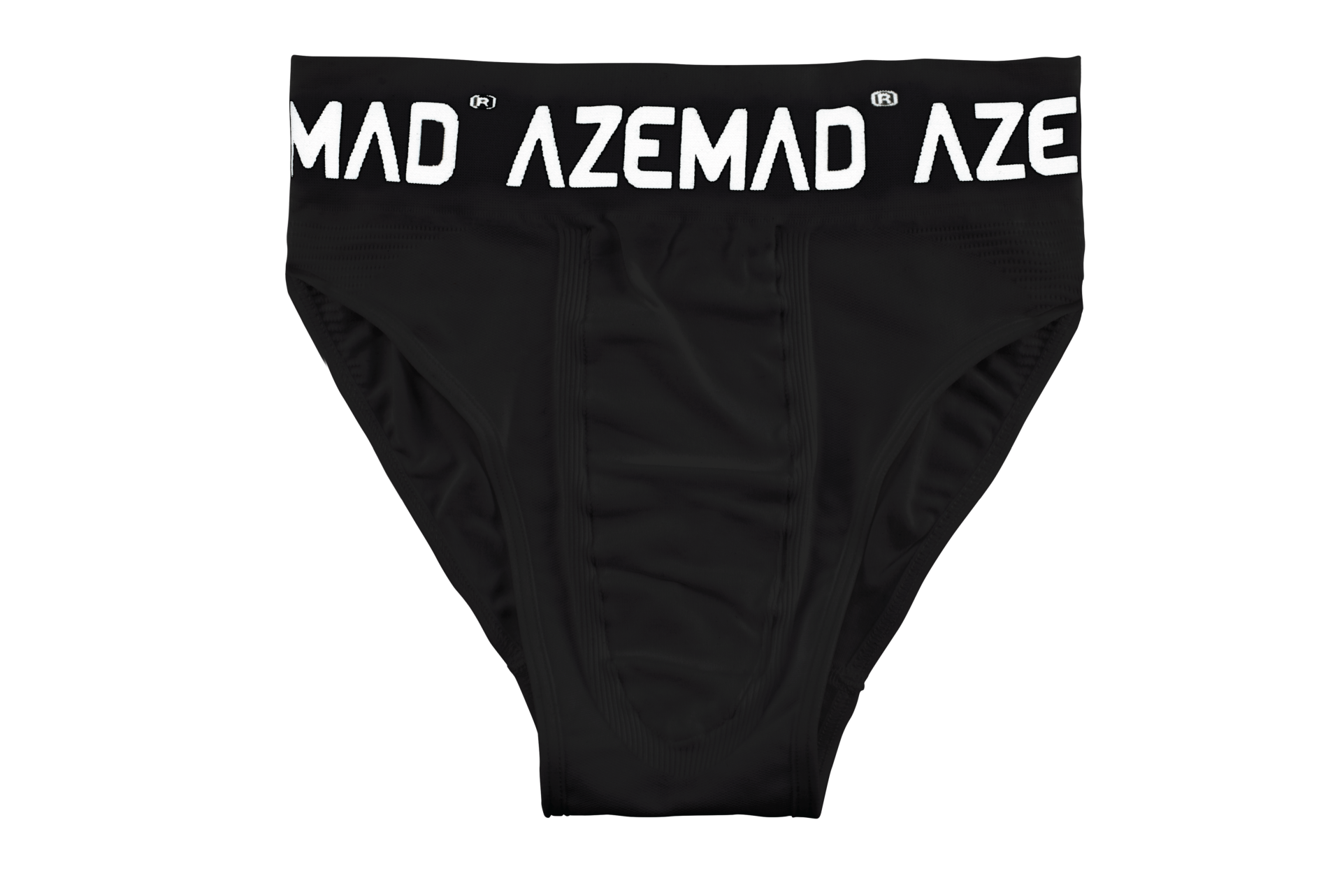Cuecas pretas com cós elástico preto com texto branco 'AZEMAD'.
