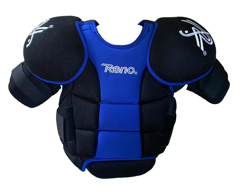 Protetor corporal acolchoado preto e azul com logo Reno
