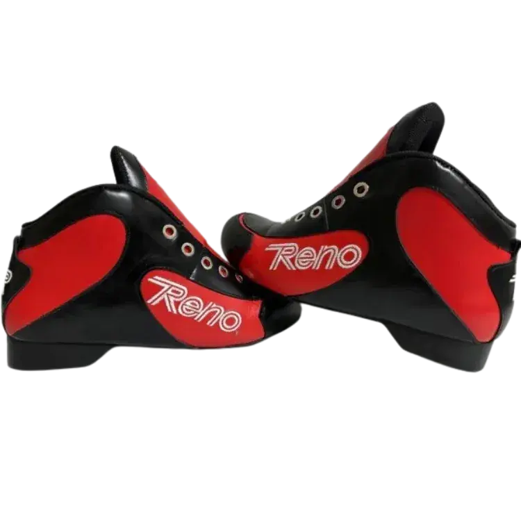 Sapatilhas desportivas pretas e vermelhas com texto Reno