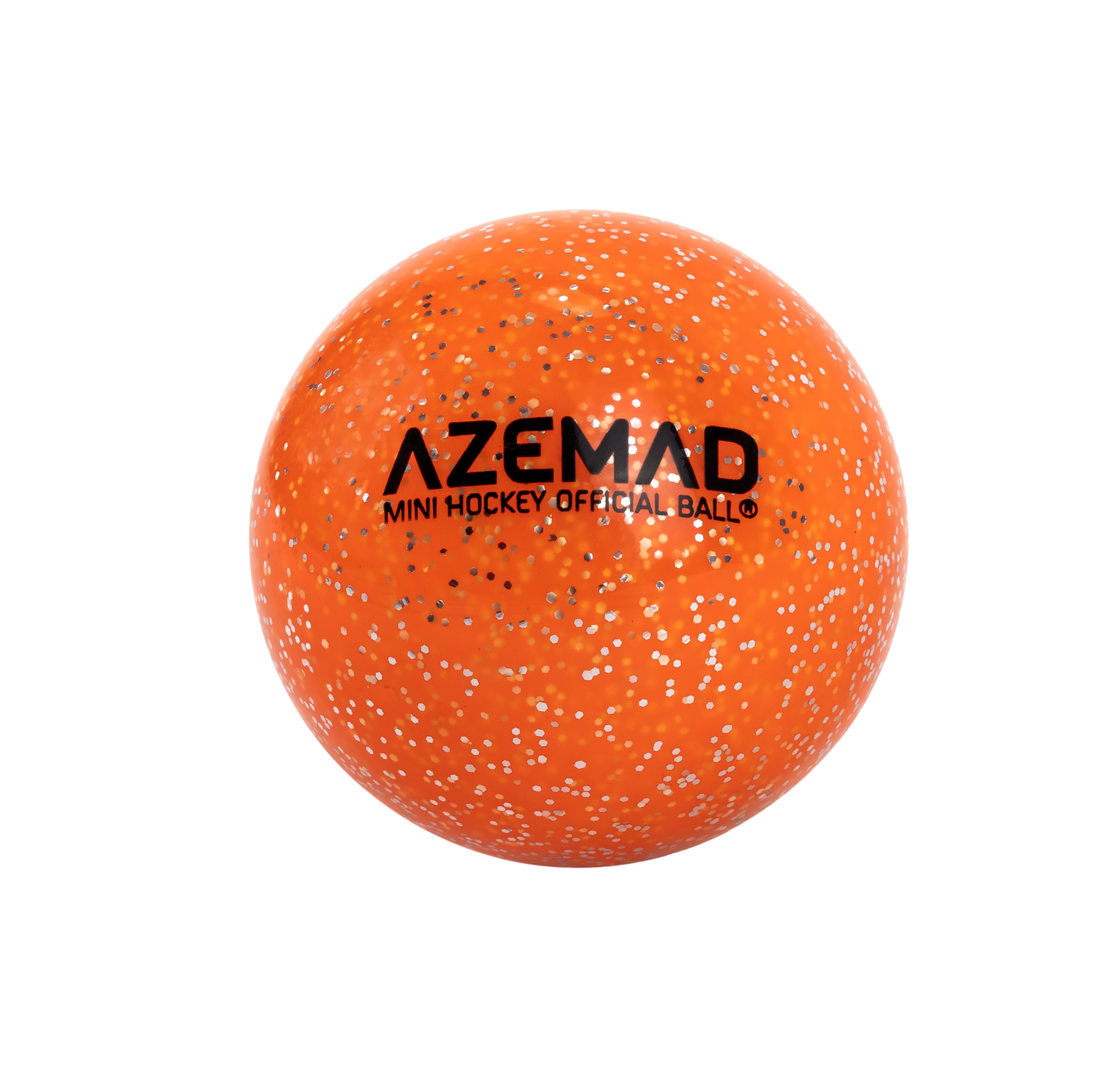 Bola de mini hóquei laranja com manchas brancas e pretas e texto preto AZEMAD