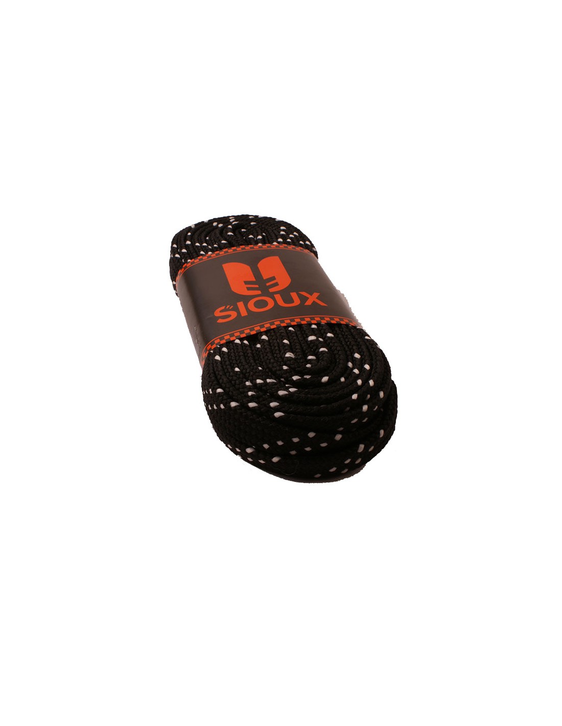 Cordão para calçado preto com pontos brancos e etiqueta 'SIOUX'