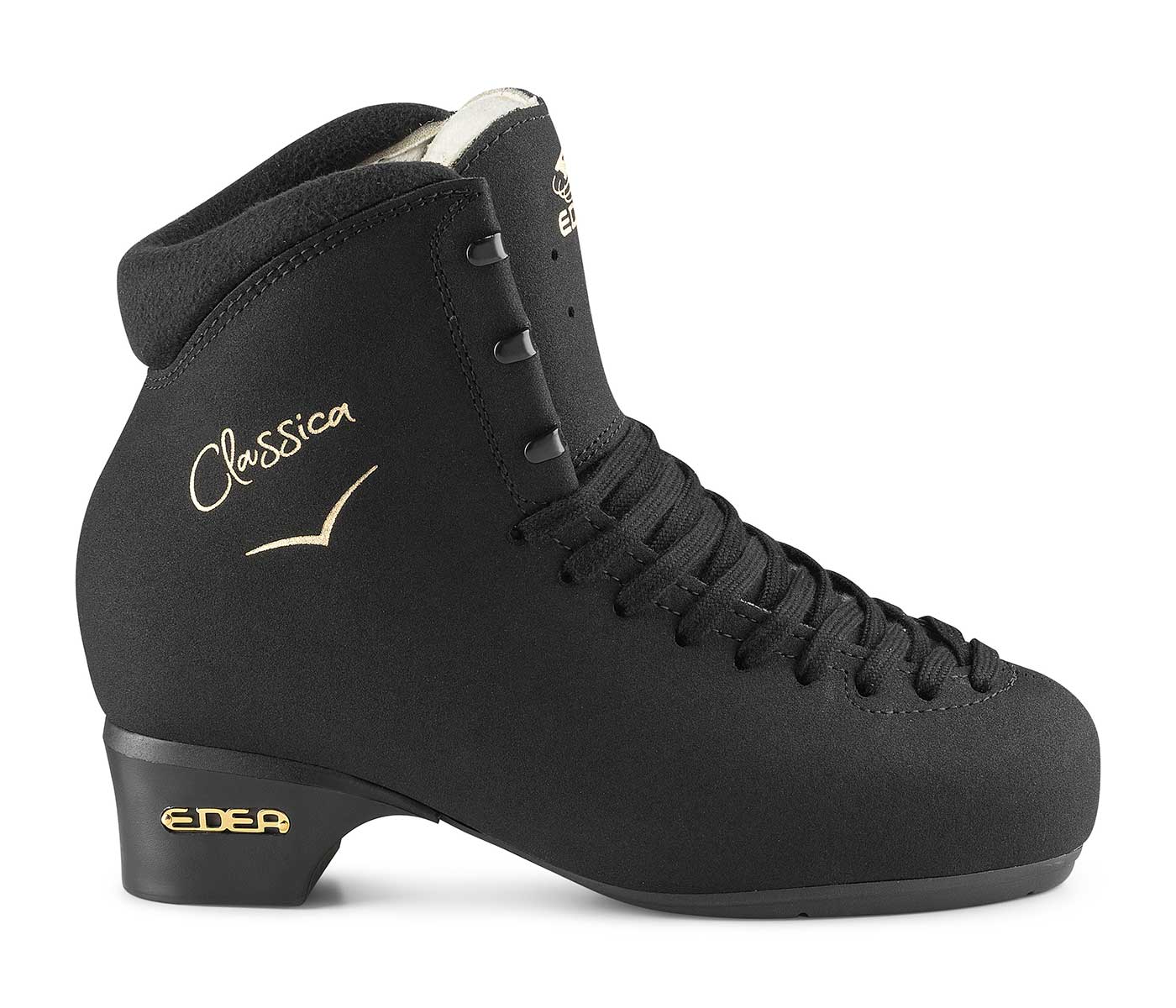 Bota de patinagem preta com cadarços e detalhes dourados