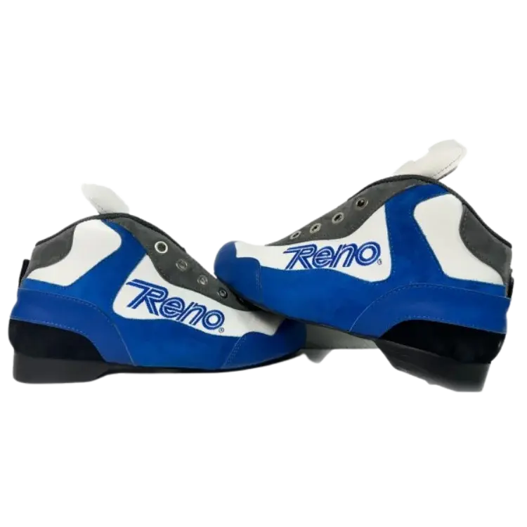 Sapatilhas desportivas azuis, brancas e cinza com marca Reno na lateral