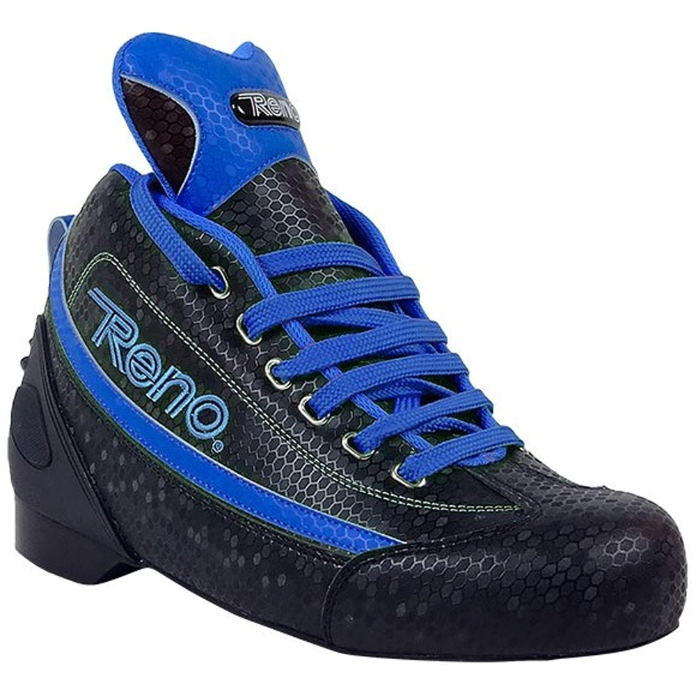 Tênis desportivo Reno preto com padrão hexagonal e detalhes azuis