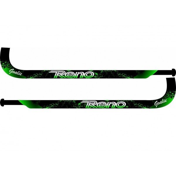 Par de tacos de hóquei verdes e pretos com texto branco Reno Goal