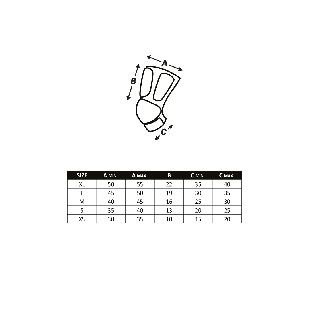 Gráfico de produto com dimensões e tabela de tamanhos em milímetros