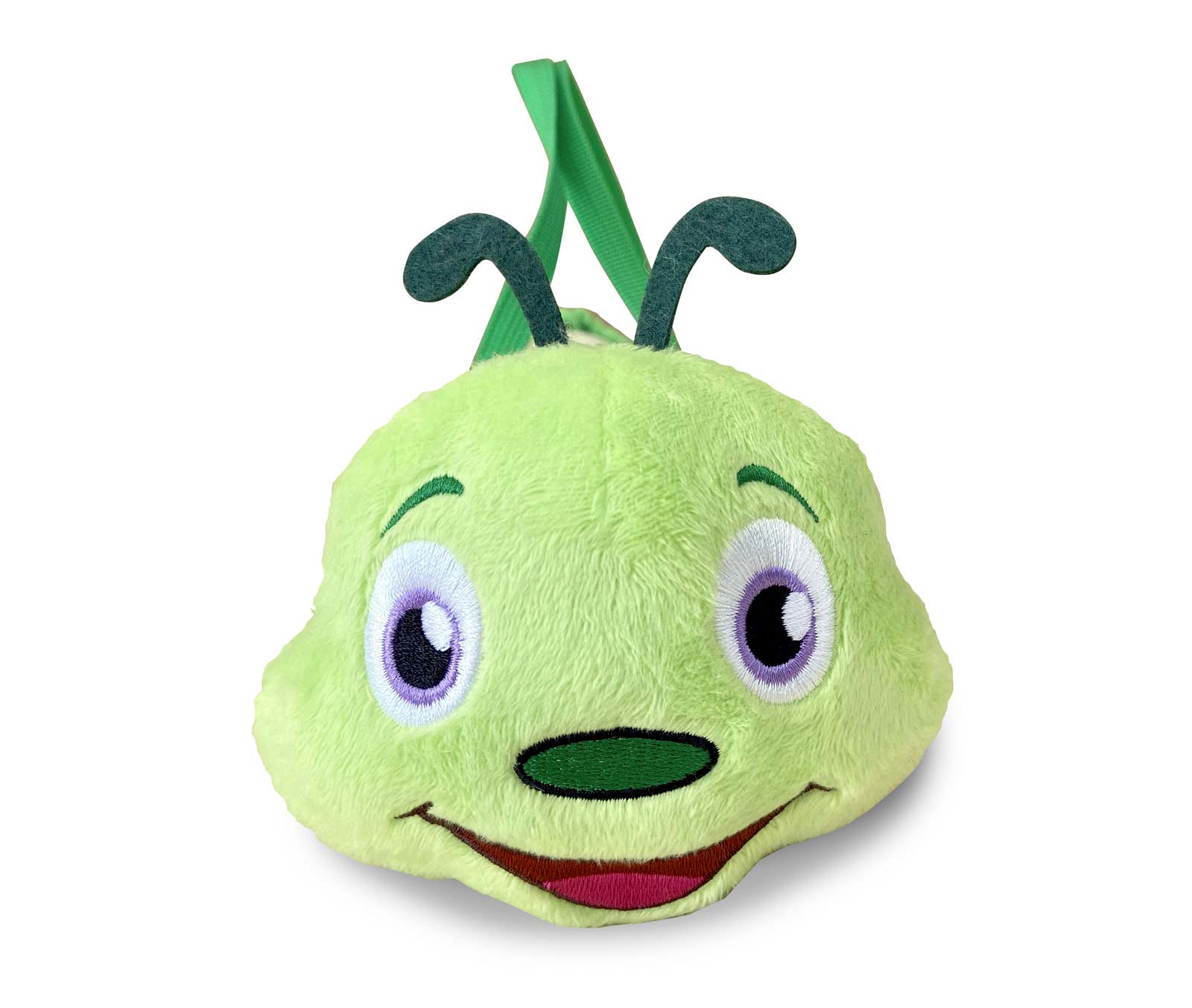 Pelúcia cabeça de inseto verde com olhos grandes e antenas