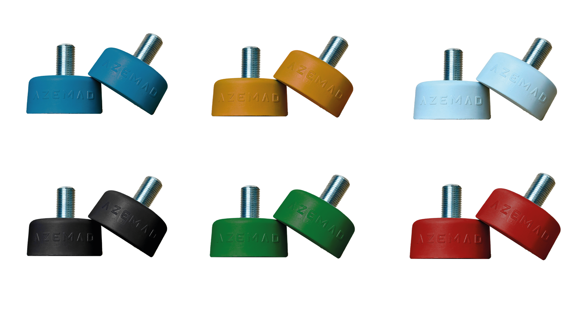 Seis produtos cilíndricos coloridos com parafusos e marca AZEMAD