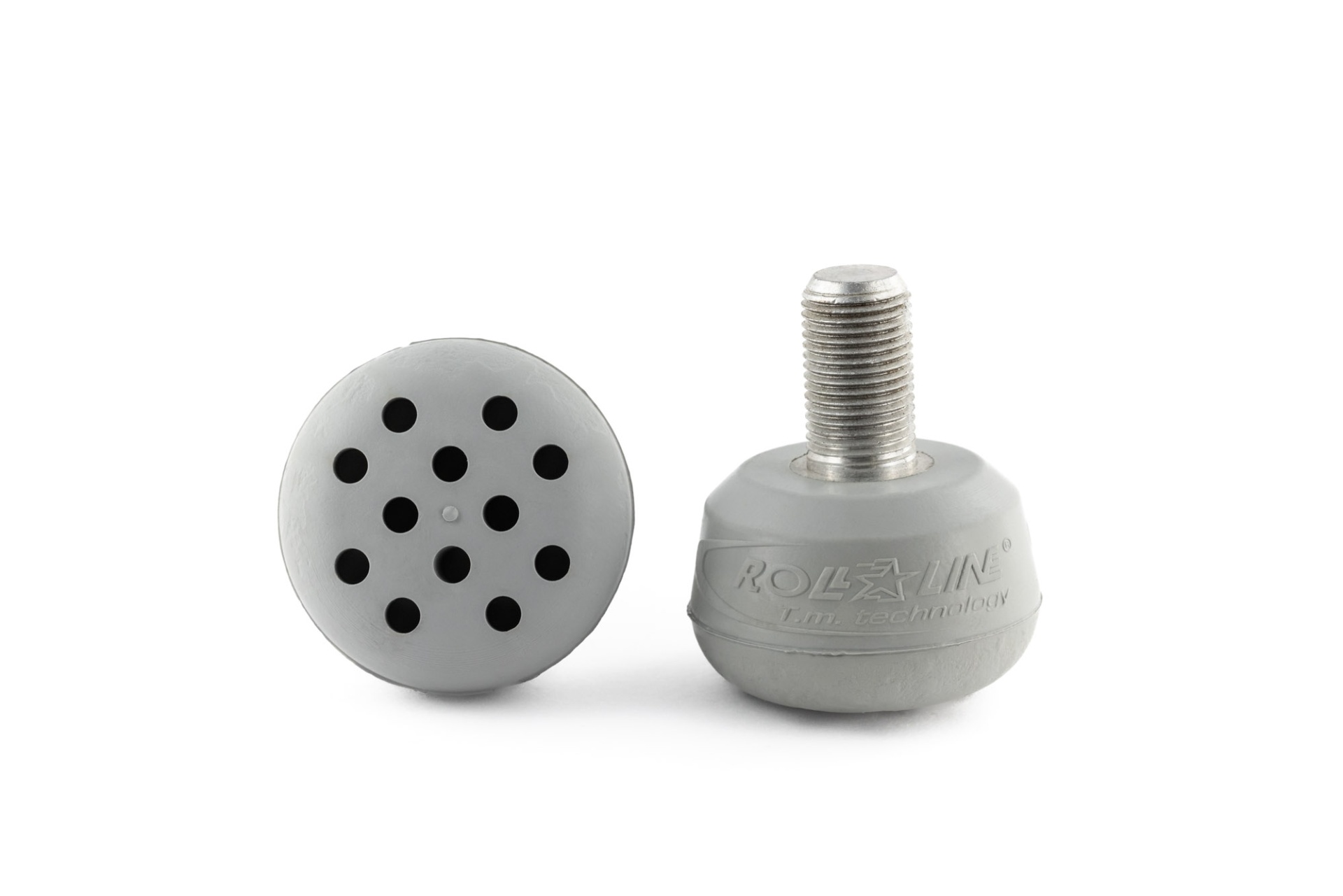 Apoios em borracha cinzenta com parafuso metálico prateado e buracos circulares