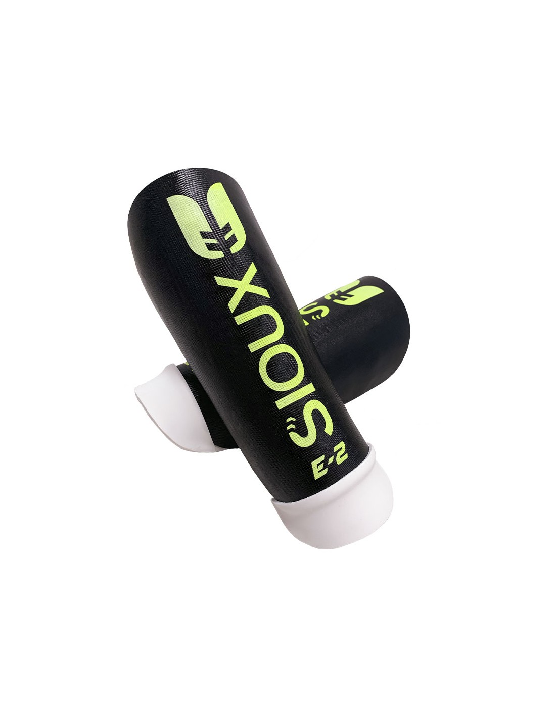 Protetores para antebraço pretos com texto amarelo fluorescente