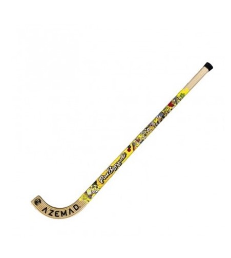 Stick de hóquei no chão em madeira clara com decoração colorida e texto impresso