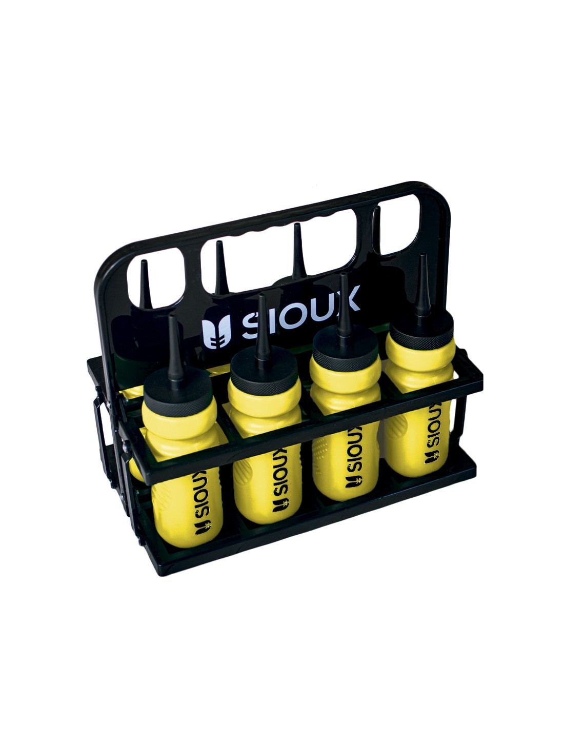 Conjunto de 4 garrafas amarelas com tampa preta e suporte preto da marca SIOUX