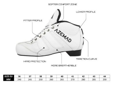 Sapato desportivo branco AZEMAD com características técnicas e tabela de tamanhos