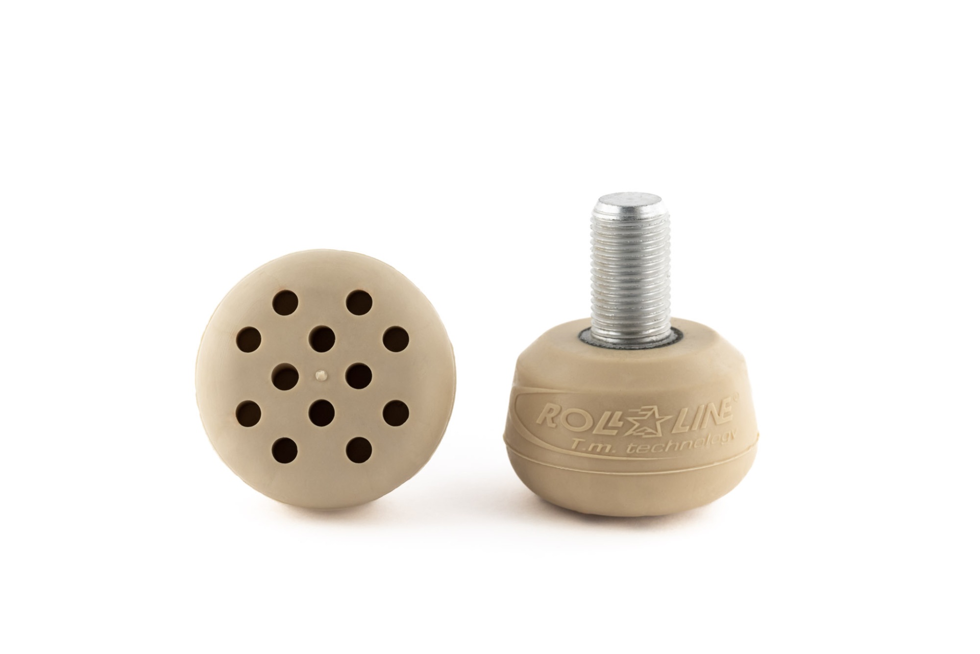 Apoios anti-vibração em borracha bege com parafusos metálicos prateados