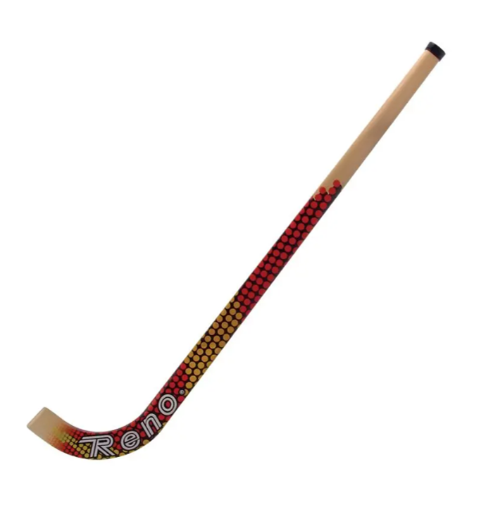 Stick de hóquei em madeira com padrão de pontos amarelos e vermelhos e texto Reno