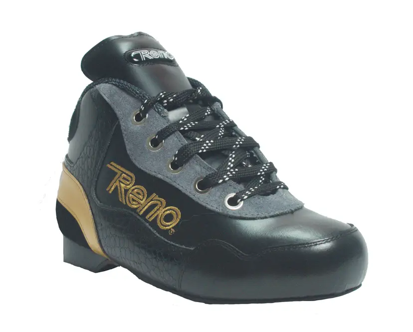 Sapato desportivo preto e cinzento com detalhes dourados e atacadores pretos.