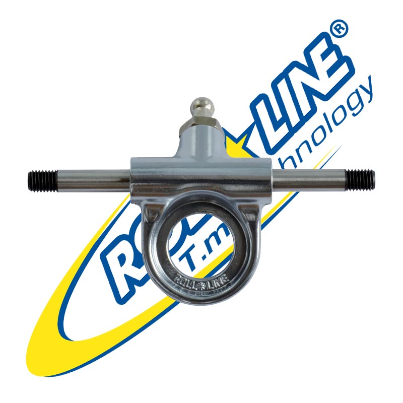Eixo metálico com rosca e peça central circular com logotipo Rollerblade ao fundo