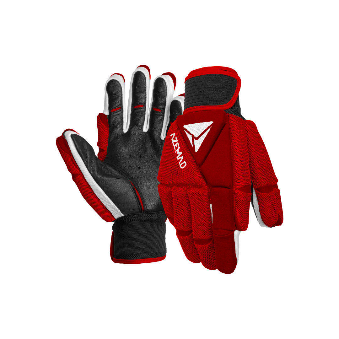 Luvas de proteção vermelhas com detalhes em preto e branco, logótipo AZEMAD