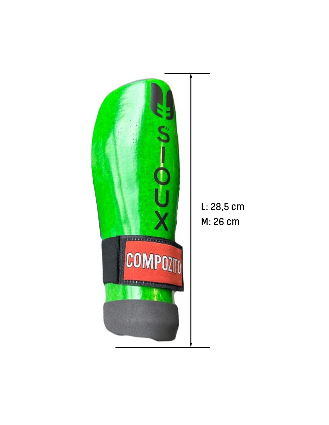 Protetor de canela verde COMPOZITO com dimensões em centímetros