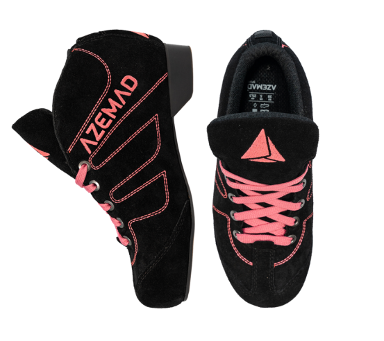 Sapatilhas Azemad pretas com detalhes rosa e atacadores rosa vista superior e lateral