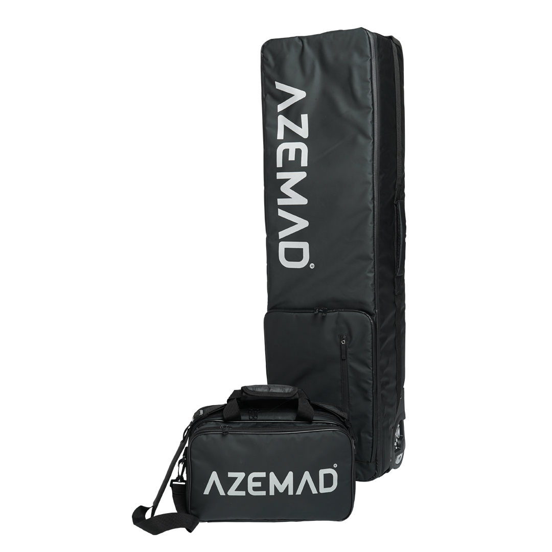 Bolsa grande e pequena pretas com texto AZEMAD em branco