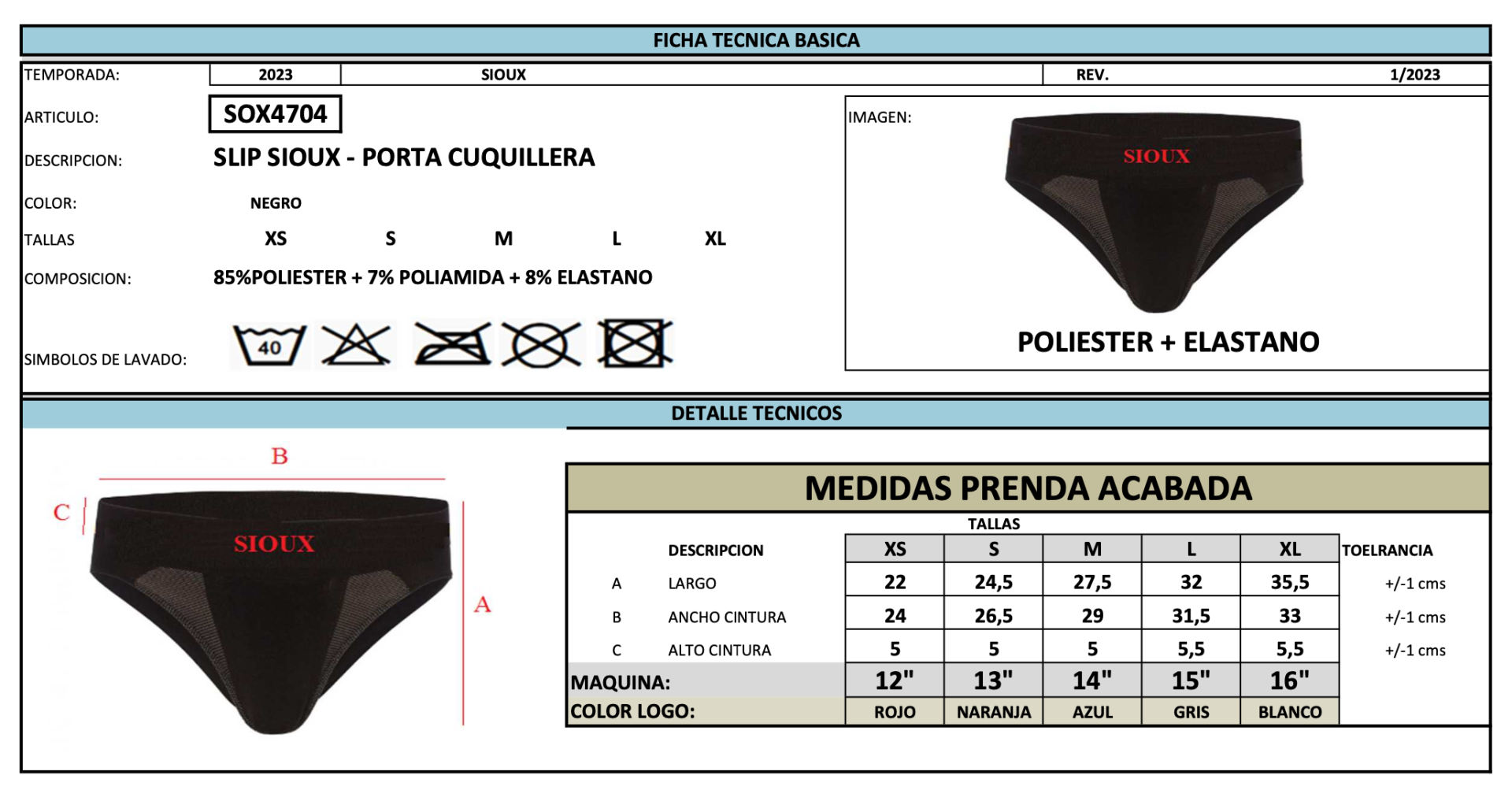 Cueca slip preta Sioux com etiquetas e tabela de medidas