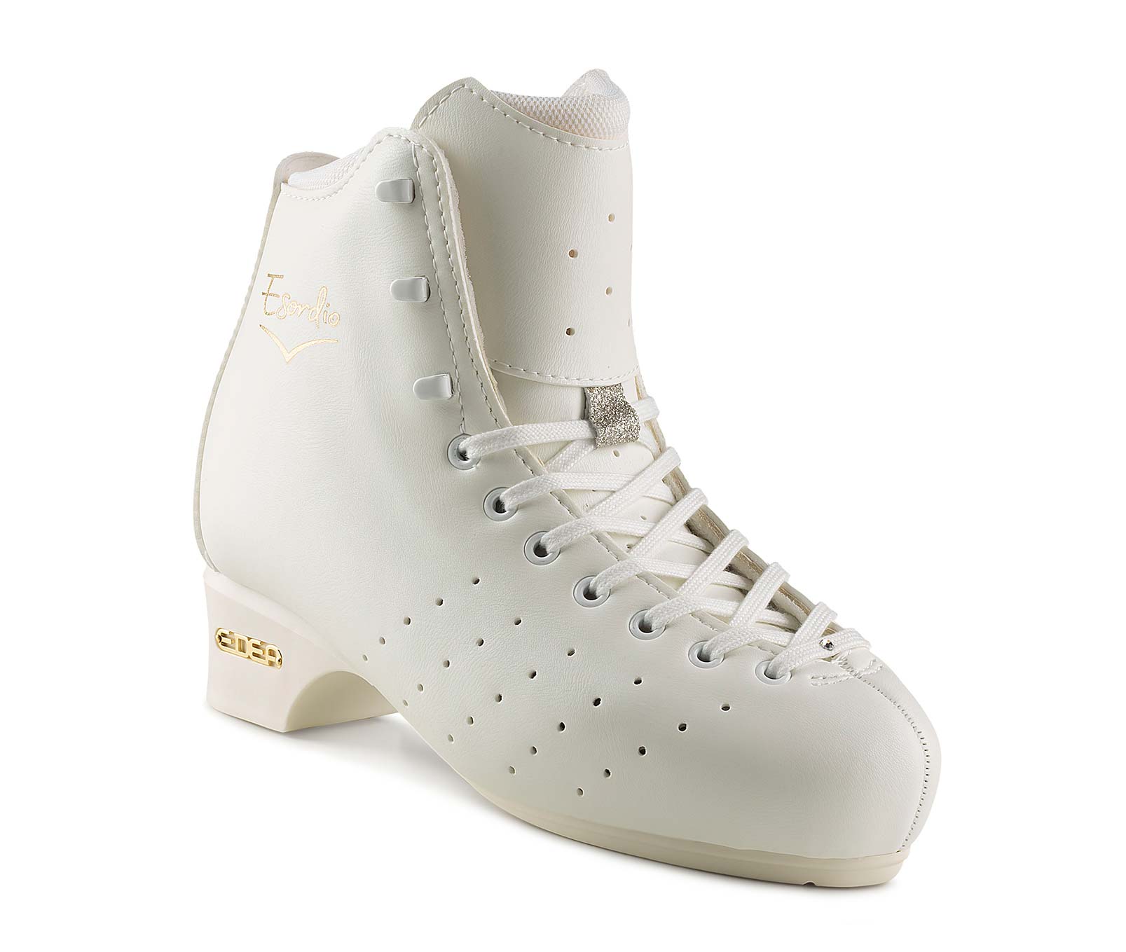 Patim de gelo branco com cadarços e detalhes dourados