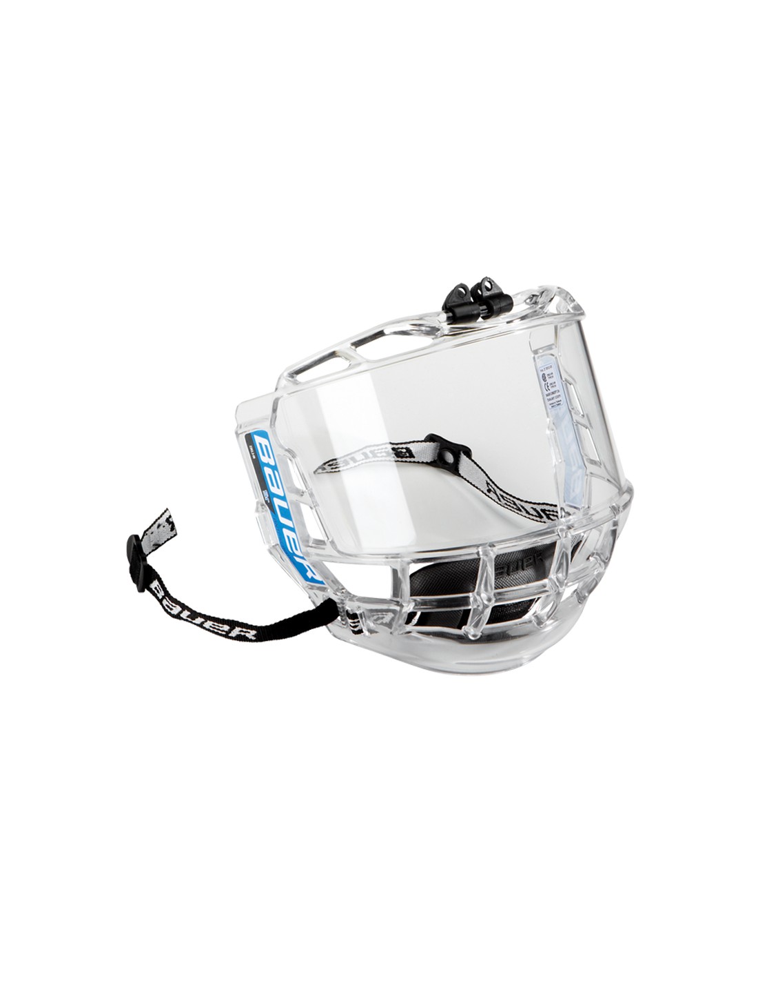 Máscara de proteção facial transparente com armação metálica e tiras pretas