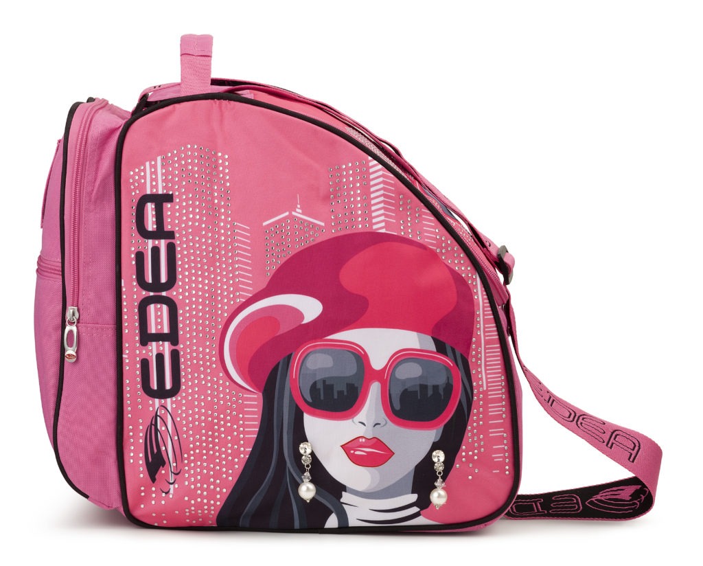 Mochila rosa com estampa de mulher estilizada e texto EDEA