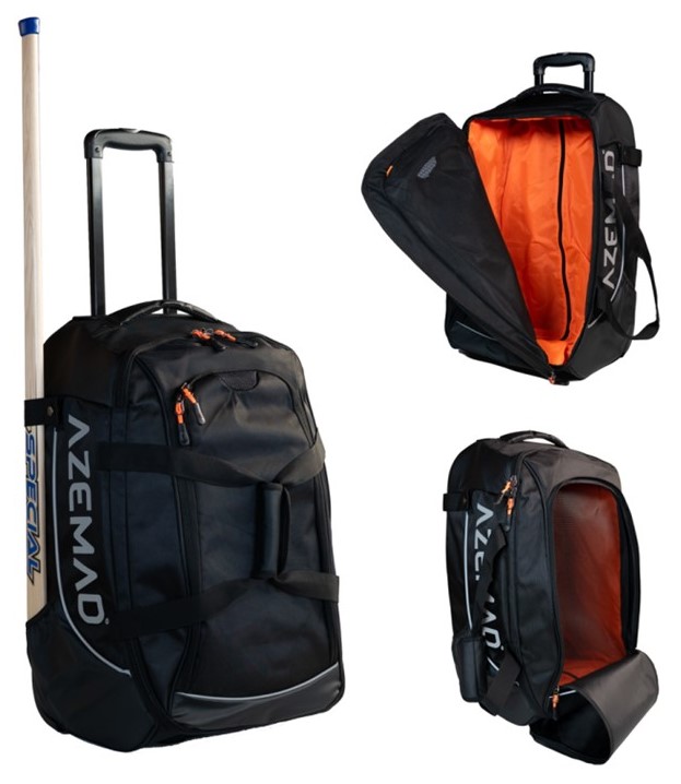 Mala de viagem preta com compartimentos abertos e bastão na lateral