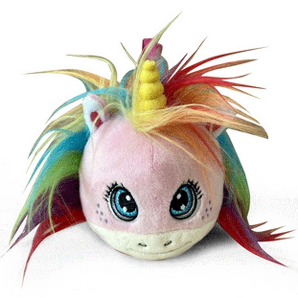 Pelúcia redonda de unicórnio com crina colorida e chifre amarelo
