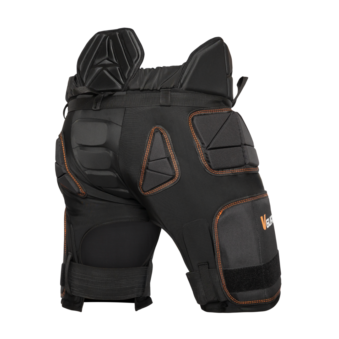 Calças de proteção pretas com almofadas acolchoadas e costuras laranja