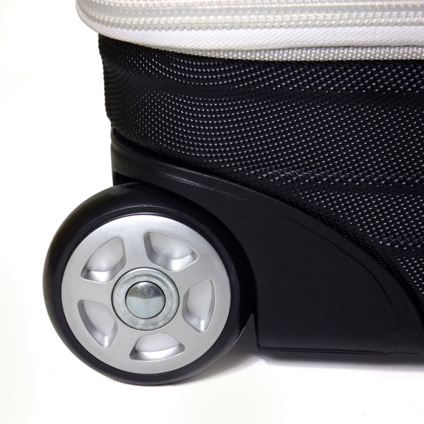 Roda de mala rígida preta e cinza com faixa branca e textura em malha preta