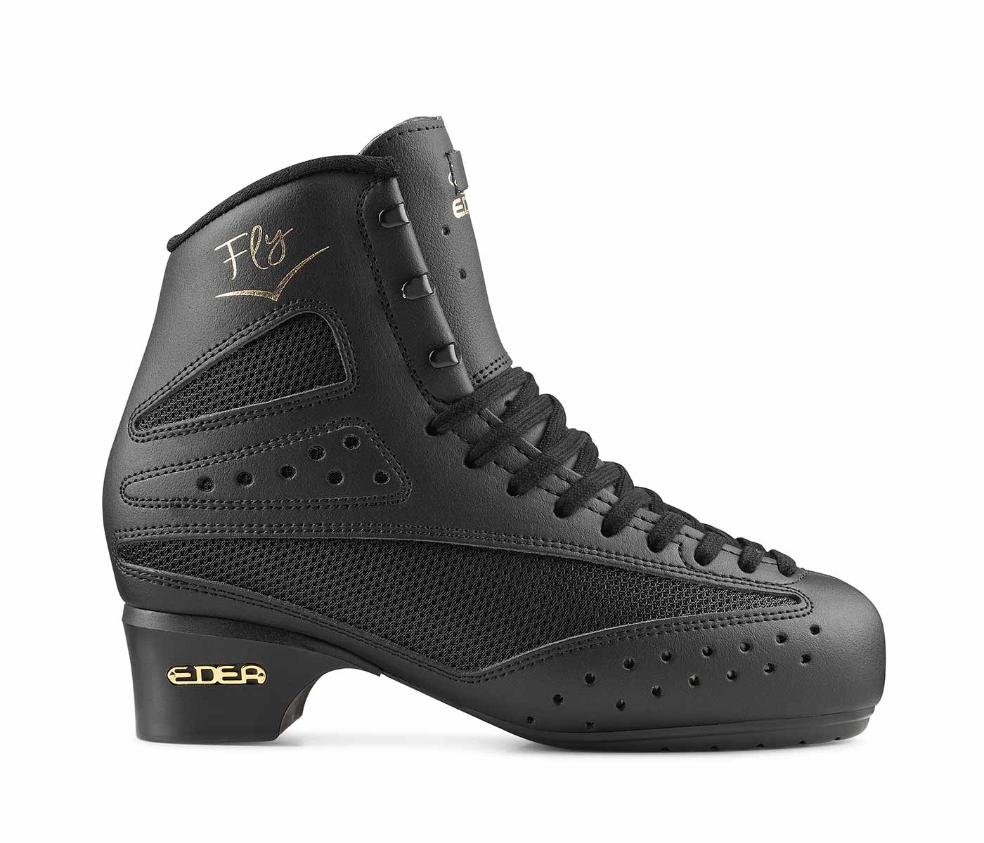 Bota de patinagem preta com detalhes em malha e texto dourado EDER e Fly
