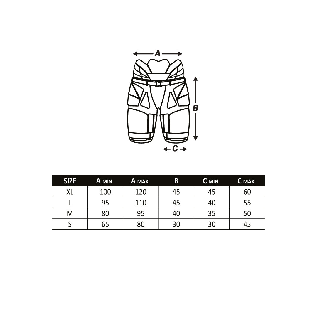 Desenho técnico de calções com tabela de medidas