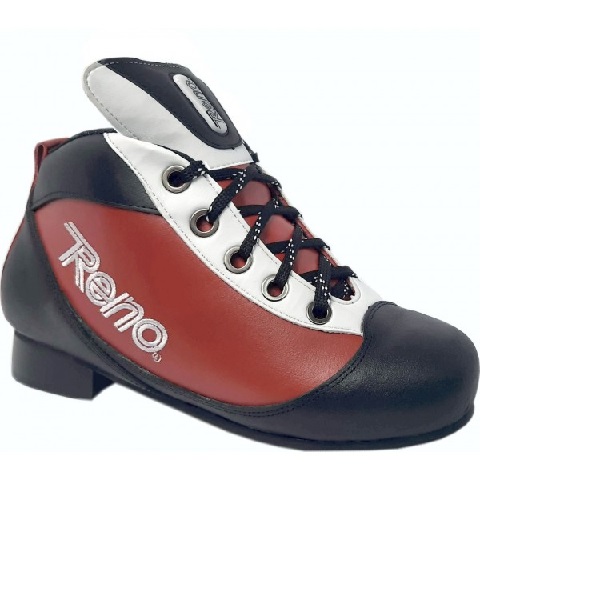 Bota de esqui preta, vermelha e branca com texto Reno na lateral.