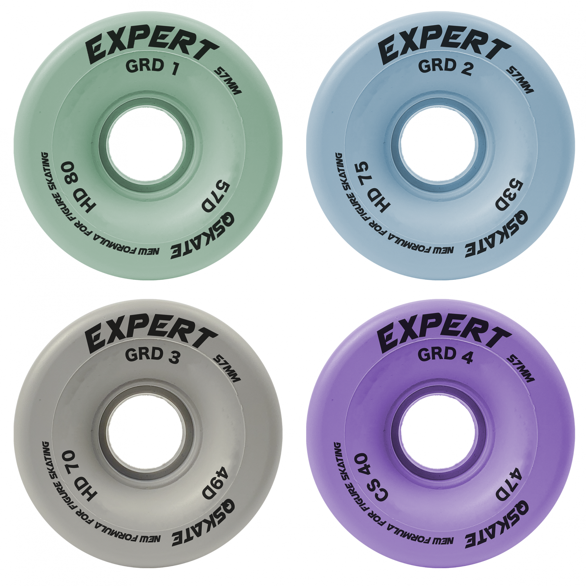 Quatro rodas de skate coloridas com texto preto