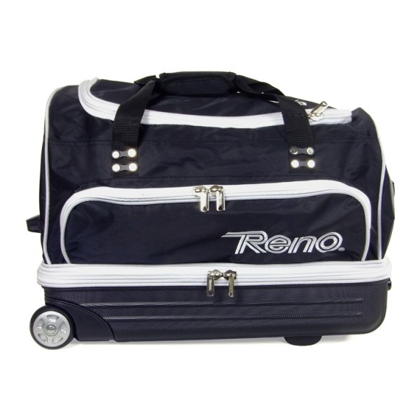 Mala de viagem preta com rodas e o nome Reno na frente