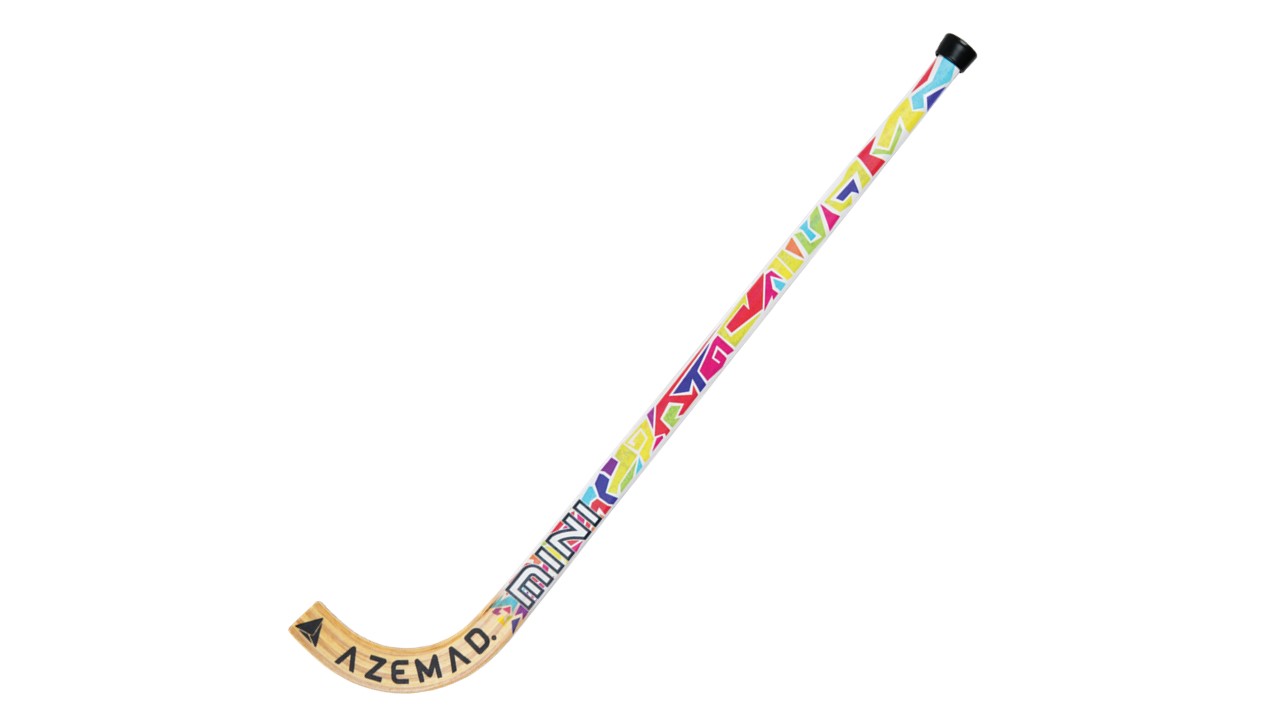 Stick de hóquei colorido em madeira com texto AZEMAD