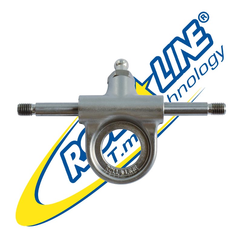 peça metálica prateada com parafusos sobre fundo com texto Rollerblade Technology