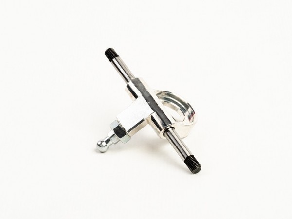 Peça metálica em formato em T com parafuso e anilha em fundo branco