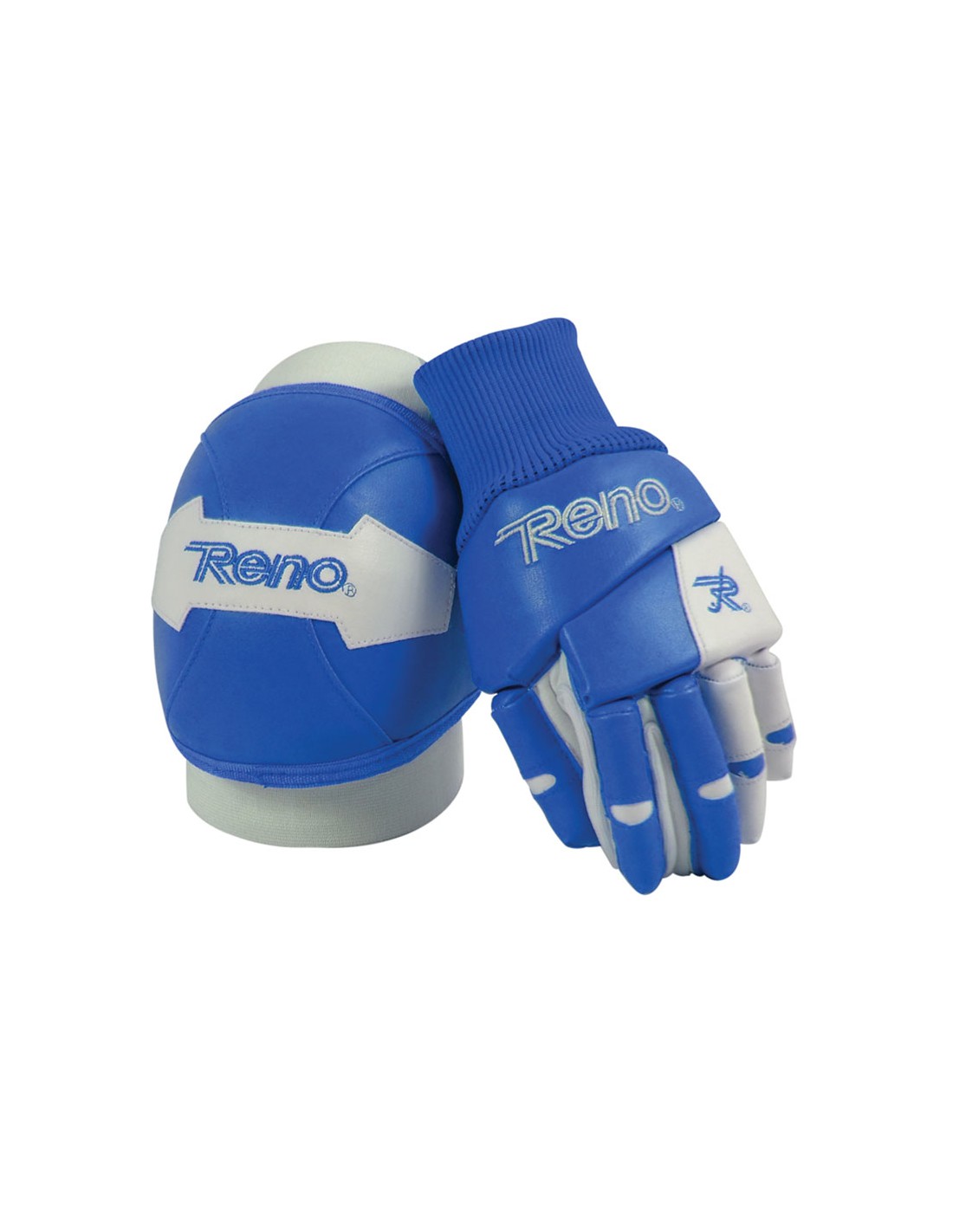 Conjunto azul e branco de joelheira e luva Reno