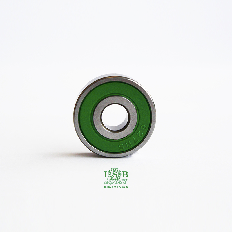 Rolamento metálico com vedante verde e texto '627 2 RS' sobre fundo branco