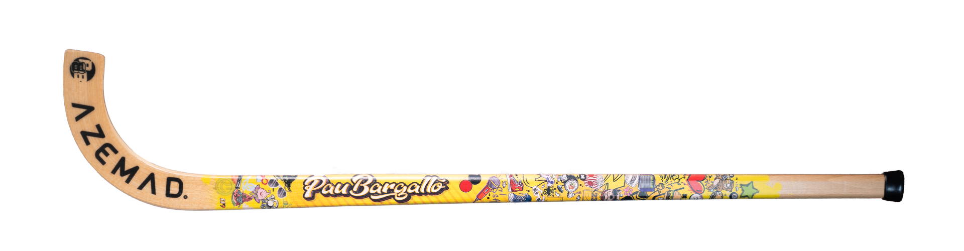 Pau de hóquei em campo colorido com texto e personagens