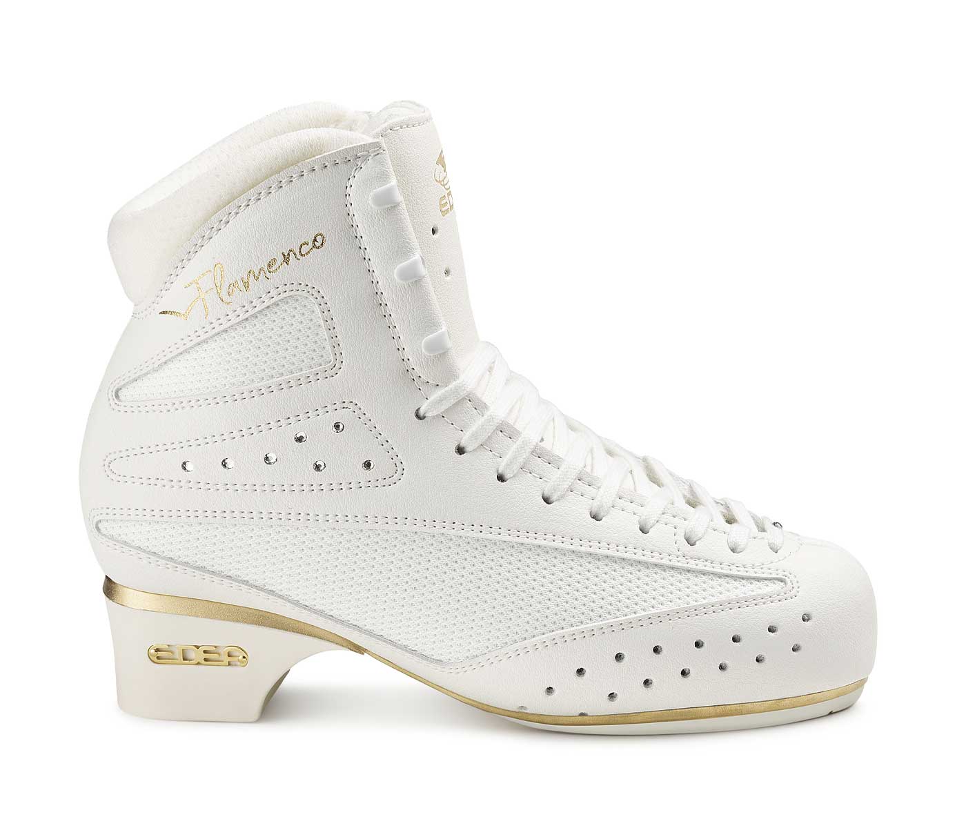 Bota de patinagem branca com detalhes dourados