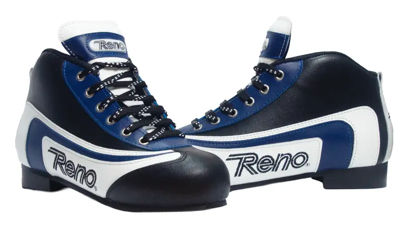Botas desportivas azuis e brancas com o texto Reno